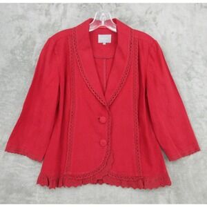 Per Una Jacket Womens 10 Linen Eyelet‎ Lace Trim Ruffle Blazer Office Career Red